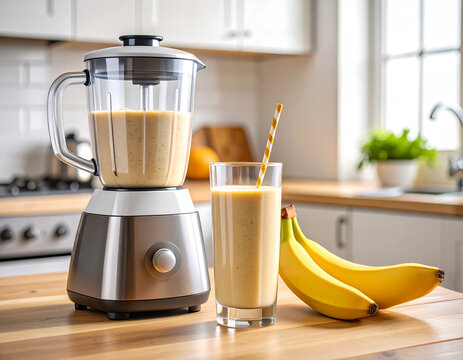 Una batidora el&eacute;ctrica y un vaso de cristal con batido de platano o bananas y una pajita sobre una mesa de madera con pl&aacute;tanos en una cocina con luz natural