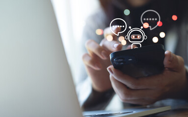 Fototapeta na wymiar AI Artificial Intelligence, Digital chatbot, Woman chatting with chatbot customer service on mobile phone via internet mobile app. Automatic conversation assistance by AI chatbot technology