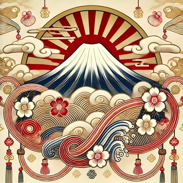 旭日昇る富士山と華やかな縁起文様