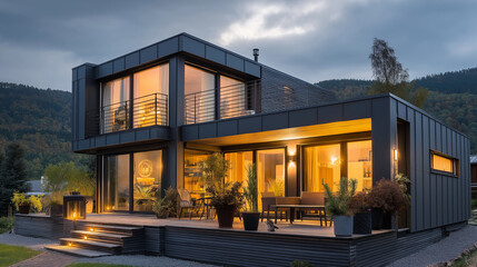 Obraz premium Modern home at dusk with warm interior lights, minimalist design. Cozy contemporary living in harmony with twilight.