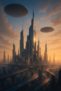 夕暮れに浮かぶ未来都市とUFO艦隊