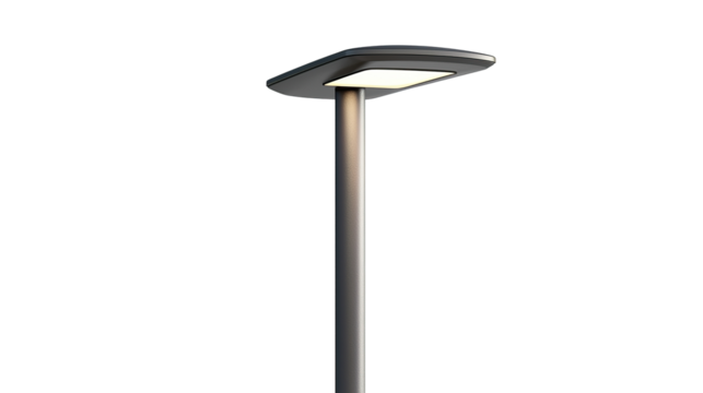 Slim street light mounted on steel pole isolated on transparent background. PNG