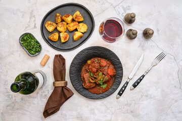 Delicious beef stew served with roasted potatoes, fresh herbs, and wine on a dining table