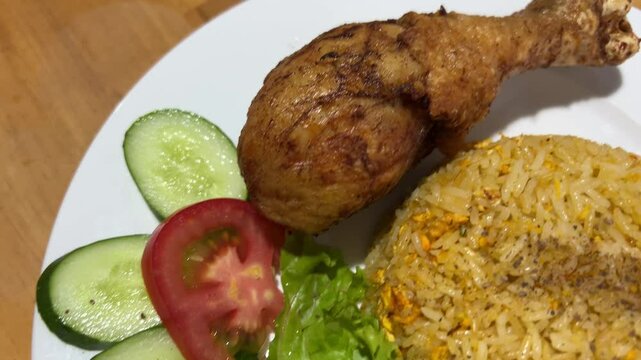 Rice beans grilled chicken steak salad, farofa