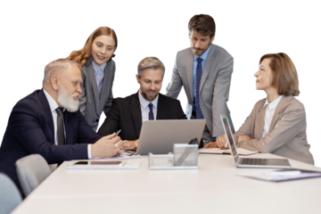 Group modern people using modern technologies while working on a transparent background