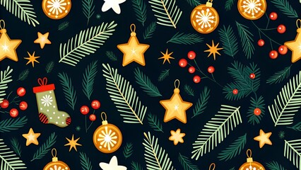 Naklejka premium Festive Seamless Christmas Pattern with Star Cookies, Ornaments, and Pine Branches on Dark Background