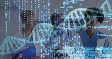 Medical team scrolling tablets for DNA diagnosis causing code overlay and 3D helix filling corridor - Powered by Adobe