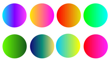 A set of eight gradient pallet color abstract circles with vibrant colors swatches set. Perfect for editing purpose, or backgrounds, logos, web elements, summer design, backdrop, modern designs.	