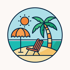 Summer day beach vector t-shirt design with sun, palm tree, beach chair and beach umbrella 