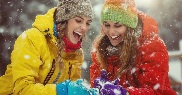Two cheerful women in bright winter coats and hats laugh while playing in a snowy landscape, enjoying the frosty weather and winter scenery.