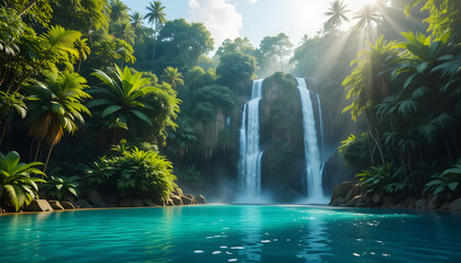 Nature Landscape with Tropical Waterfall, Calm Lagoon, and Sunlight – 4K Realistic Photo