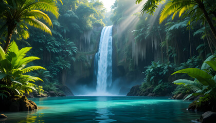 Beautiful Waterfall in Exotic Jungle with Blue Lagoon and Sunlight Streaming Through Trees