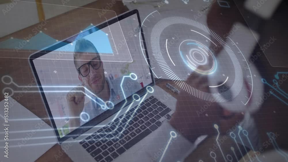 Poster user tapping smartphone screen causing animated circuit graphics across laptop in tech call