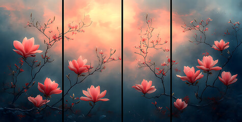 Serene Pink Magnolia Triptych Sunrise and Clouds