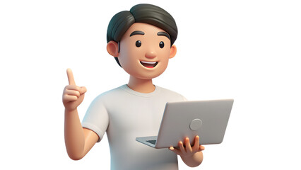 Happy cartoon man holding laptop and pointing up with idea