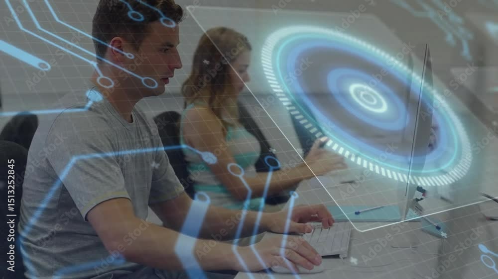 Poster business colleagues typing initiating blue circuit lines with rotating hud showing data view