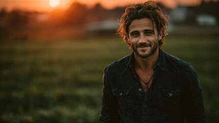 Warm and content man with wavy tousled hair and light stubble wearing a dark denim shirt with unbuttoned top buttons, revealing a necklace, standing in a serene grassy field bathed in the soft golden-
