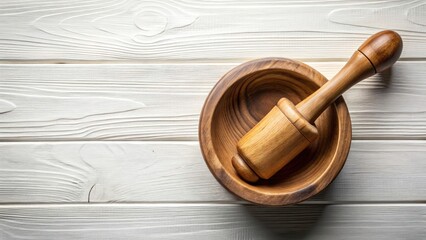 Rustic Wooden Bowl and Mortar with Pestle on White Surface - Conceptual Photography of Natural Kitchen Tools, Culinary Arts, and Minimalist Design