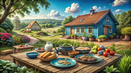 Rustic Food Photography: Vibrant Dishes Against a Blue Clapboard House Background in Earth Tones