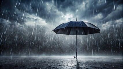 Solitary Black Umbrella in Monochromatic Rainy Scene - Panoramic Photography