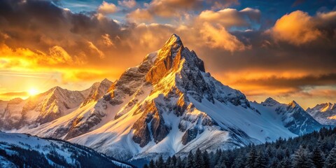 Snow-Crowned Peak at Sunrise with Bokeh Effect in Expansive Mountain Landscapes