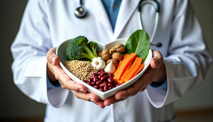 Doctor holds healthy food heart shaped bowl nutrition concept balanced diet vegetables nuts beans superfood lifestyle wellness healthcare medical professional nutritionist offer