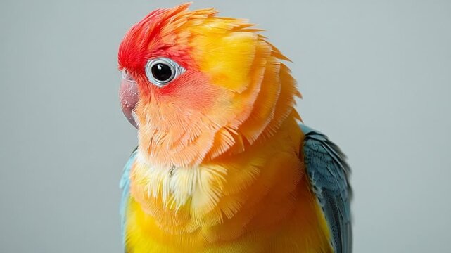 Close up portrait of a vibrant sun conure parrot with stunning plumage and bright colors