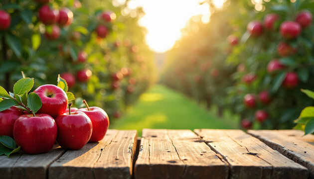Ripe red apples on rustic wood table apple orchard background harvest time autumn sunlight fresh produce healthy food countryside natural light fruit trees summer golden hour blurred backdrop