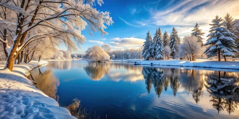Tranquil Snowy Lake Landscape in a City Park with Lush Snow-Covered Trees and Clear Blue Sky for a Peaceful Winter Scene