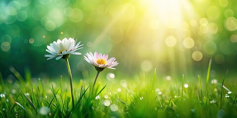 Two Tiny Flowers in Lush Green Grass, Nature's Beauty, Vibrant Flora, Peaceful Outdoor Scene, Close-Up Floral Photography, Serenity and Tranquility in Nature, Macro Perspective, Spring Bloom