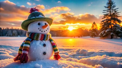 Vibrant Snowman in Winter Wonderland at Sunset