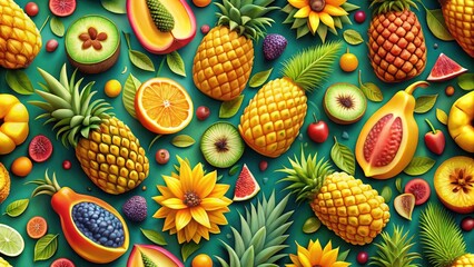 Vibrant Tropical Fruit Pattern in 3D Style - Bright Embossed Textures for Stunning Visual Appeal