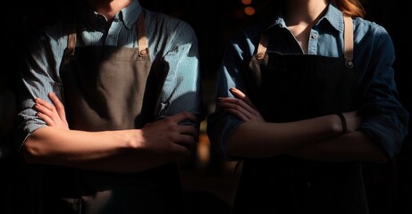 Obraz premium Two people wearing aprons stand side-by-side with arms crossed. The lighting is dramatic, accentuating the textures of their clothing.