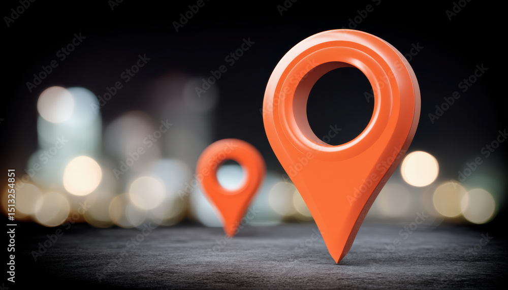Poster location pin marker symbol with bokeh city lights background for e commerce navigation and digital m