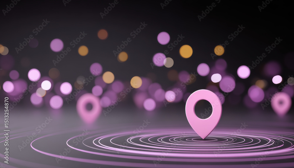 Poster location pin with glowing circles and bokeh lights in purple and orange colors symbolizing e commerc