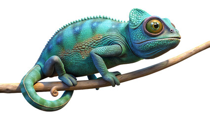 Obraz premium Vibrant cartoon illustration of a green chameleon perched on a brown branch isolated