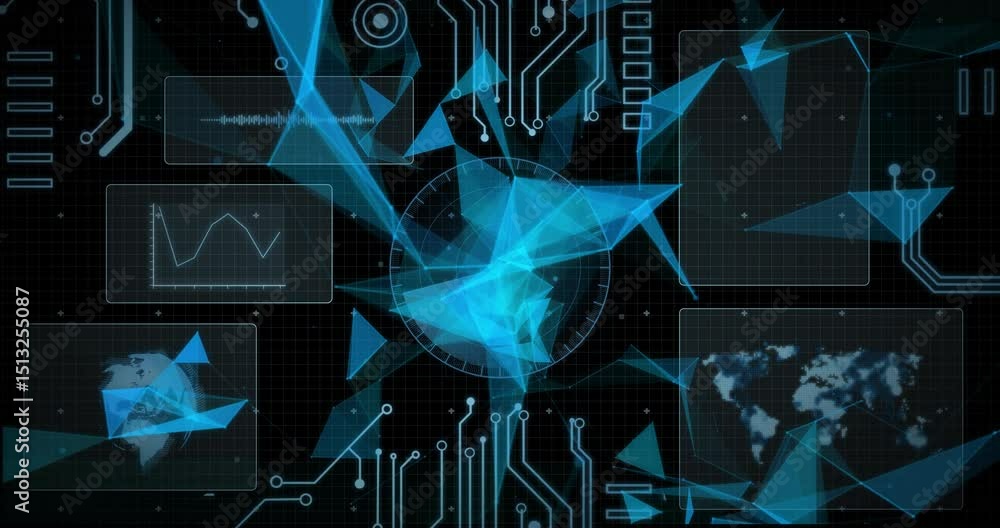 Poster glowing blue triangles materializing causing hud panels appearing circuits linking data visualizing