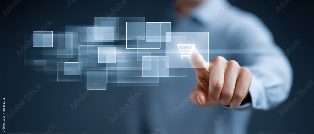 Aufkleber person using digital interface to select shopping cart icon representing e commerce with futuristic 