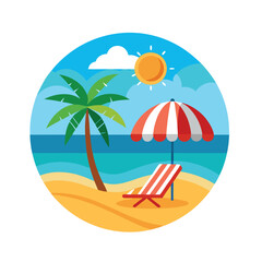 Summer day beach vector t-shirt design with sun, palm tree, beach chair and beach umbrella 