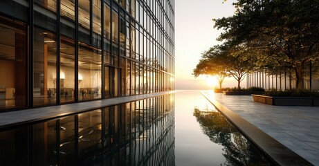 Fototapeta premium Architectural Reflection: A building's glass facade mirrors the sunset-kissed trees. Nature meets modern design.