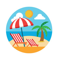 Summer day beach vector t-shirt design with sun, palm tree, beach chair and beach umbrella 