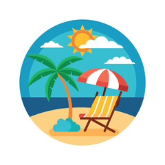 Obraz premium Summer day beach vector t-shirt design with sun, palm tree, beach chair and beach umbrella 