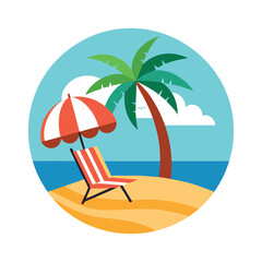 Summer day beach vector t-shirt design with sun, palm tree, beach chair and beach umbrella 