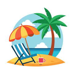 Summer day beach vector t-shirt design with sun, palm tree, beach chair and beach umbrella 