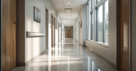 Obraz premium Bright hospital corridor: clean and modern hallway with natural light streaming through windows, creating a serene atmosphere.