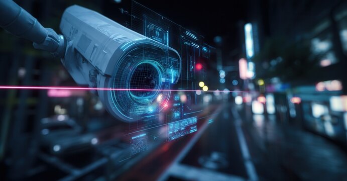 Advanced surveillance system on city street with neon accents and high-tech digital overlays. Futuristic crime prevention visualization