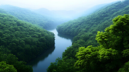 Naklejka premium Serene Mountain River Valley With Lush Green Forest