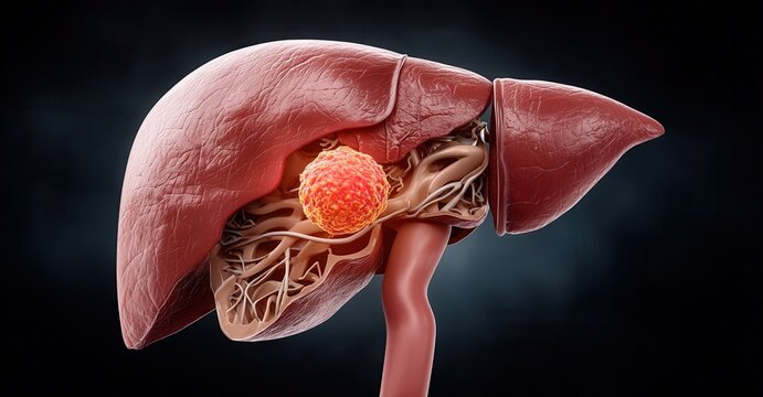 Medical illustration of a liver with a tumor, showcasing a health condition requiring research and diagnosis, in a studio setting.