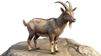 A realistic 3d render of a mountain goat standing on a stone against white