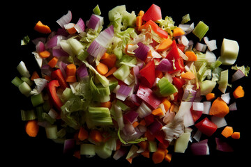 A pile of chopped vegetables including carrots, celery, and onions. The vegetables are mixed together and appear to be in a salad